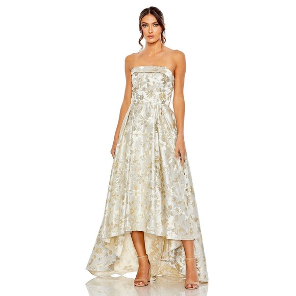 Mac Duggal NEW White Gold Brocade Strapless Golden Floral High Low Gown - Size 4 - Picture 2 of 15